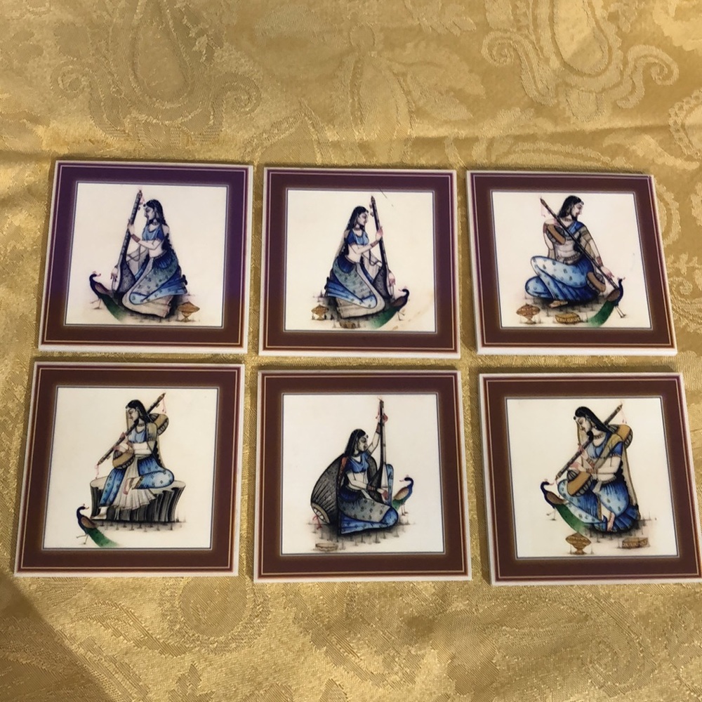 Indian classical music theme coasters or decor. Set of 6. Excellent condition.